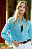 Blue Button Down Women Silk Blouse