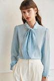 Sky Blue Silk Women Blouse with Bowknot