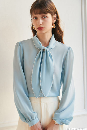 Sky Blue Silk Women Blouse with Bowknot
