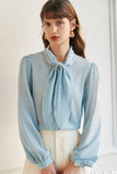 Sky Blue Silk Women Blouse with Bowknot