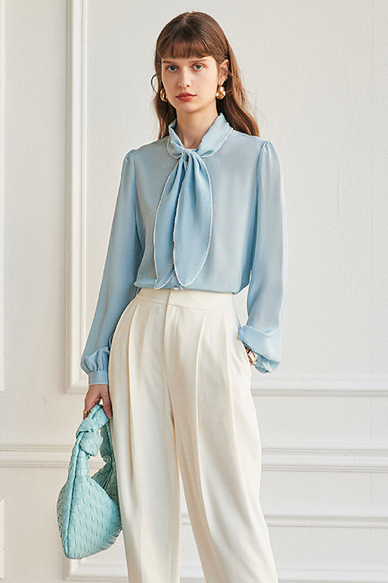 Load image into Gallery viewer, Sky Blue Silk Women Blouse with Bowknot