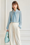 Sky Blue Silk Women Blouse with Bowknot