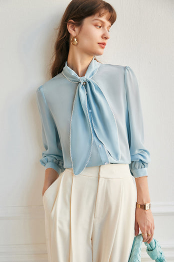 Sky Blue Silk Women Blouse with Bowknot