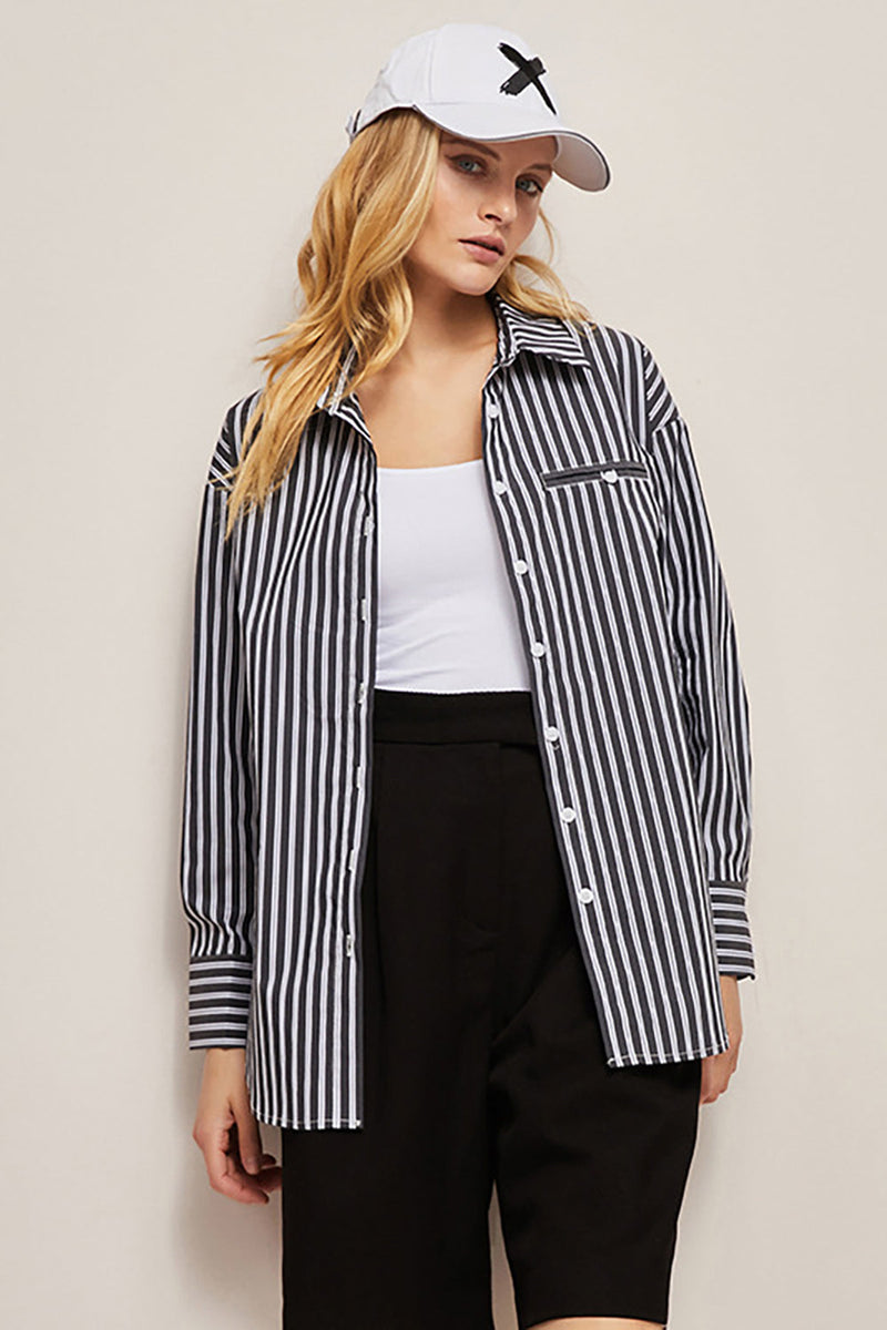Load image into Gallery viewer, Black Women Long Sleeves Striped Blouse