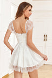 A Line Square Neck White Graduation Dress with Lace