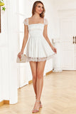 A Line Square Neck White Graduation Dress with Lace