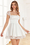 A Line Square Neck White Graduation Dress with Lace