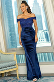 Royal Blue Off the Shoulder Sequin Sheath Long Formal Dress