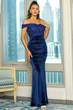 Royal Blue Off the Shoulder Sequin Sheath Long Formal Dress