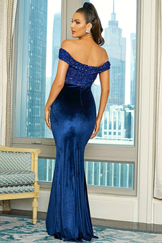Royal Blue Off the Shoulder Sequin Sheath Long Formal Dress