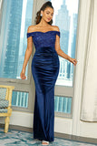 Royal Blue Off the Shoulder Sequin Sheath Long Formal Dress