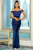 Royal Blue Off the Shoulder Sequin Sheath Long Formal Dress