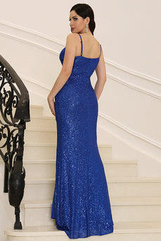 Royal Blue Spaghetti Straps Sequin Long Formal Dress With Slit