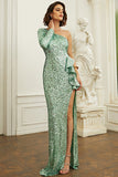 One Shoulder Green Sequin Formal Dress With Ruffles