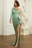 One Shoulder Green Sequin Formal Dress With Ruffles