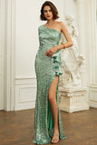 One Shoulder Green Sequin Formal Dress With Ruffles