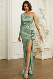 One Shoulder Green Sequin Formal Dress With Ruffles