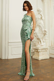 One Shoulder Green Sequin Formal Dress With Ruffles