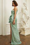 One Shoulder Green Sequin Formal Dress With Ruffles