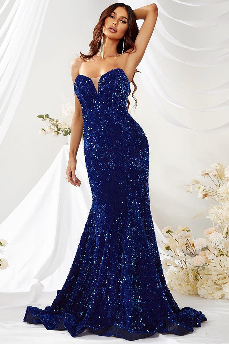 Load image into Gallery viewer, Royal Blue Strapless Sequin Mermaid Long Formal Dress