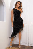 Black One Shoulder Sequin Cocktail Dress With Tassels