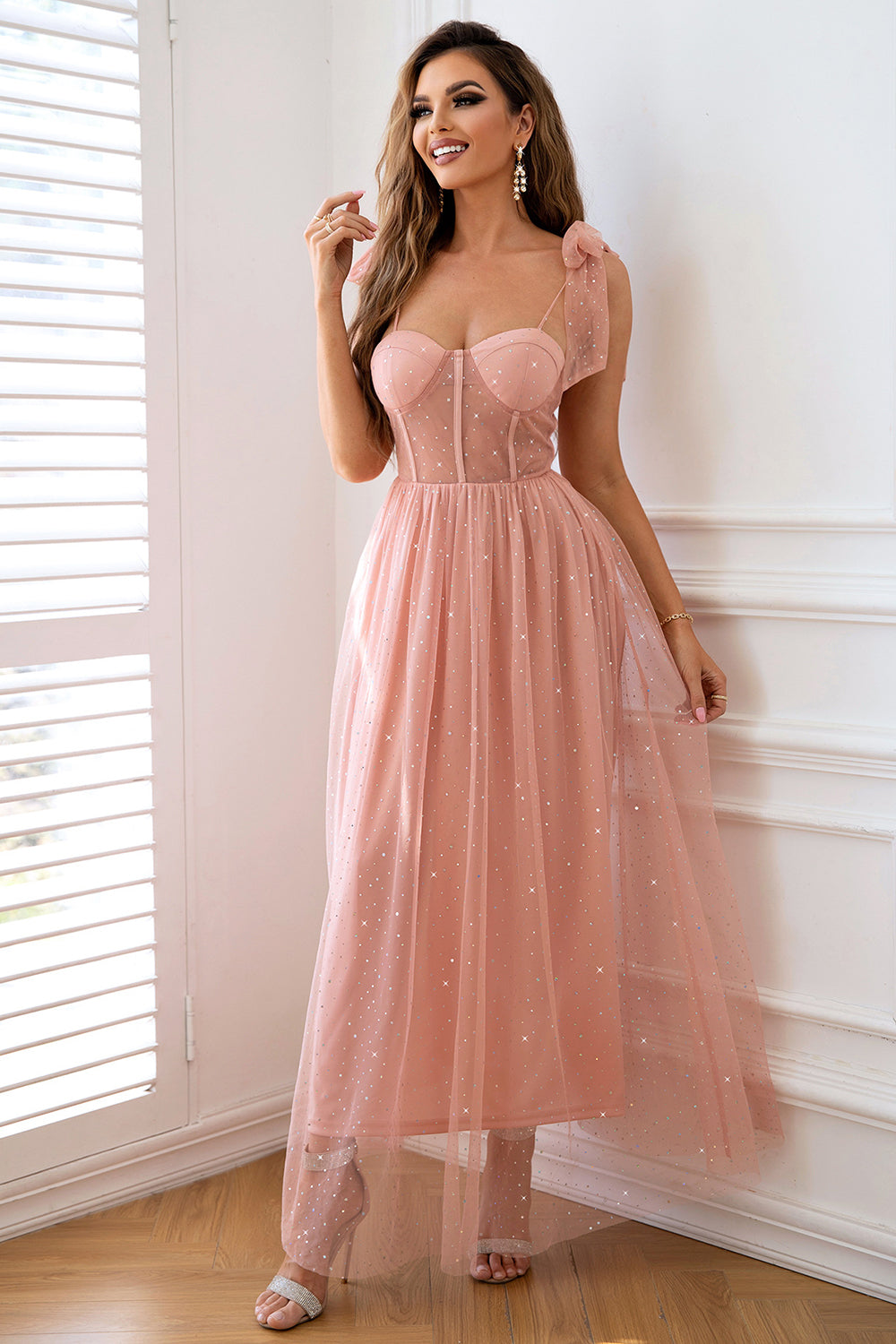Pink A Line Corset Spaghetti Straps Formal Dress