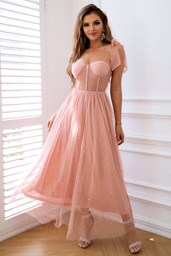 Pink A Line Corset Spaghetti Straps Formal Dress