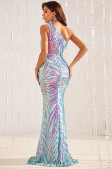 Blue One Shoulder Glitter Mermaid Formal Dress