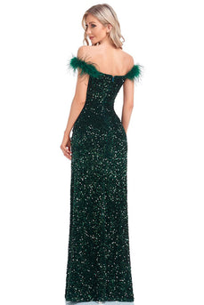 Off the Shoulder Dark Green Sparkly Sequin Long Formal Dress With Slit