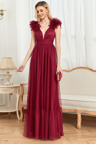 Burgundy V-Neck Sleeveless Tulle Long Formal Dress