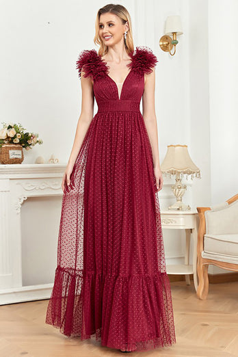 Burgundy V-Neck Sleeveless Tulle Long Formal Dress