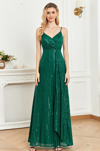 Sparkly Sequin A-Line Green Spaghetti Straps Long Formal Dress