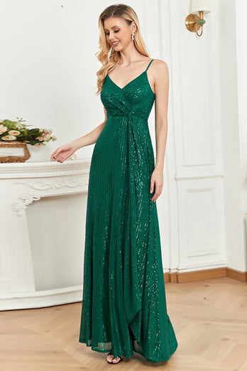 Sparkly Sequin A-Line Green Spaghetti Straps Long Formal Dress