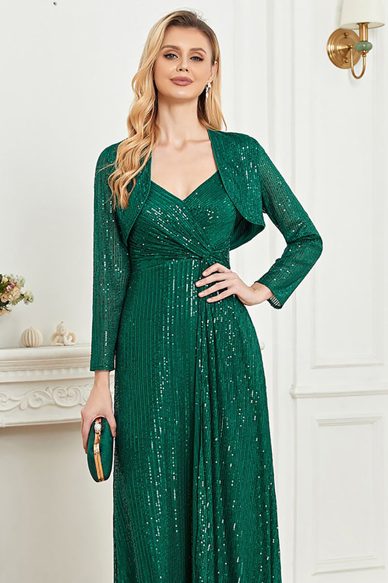 Load image into Gallery viewer, Sparkly Sequin A-Line Green Long Formal Dress With Cape