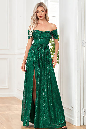 Off the Shoulder Sparkly Sequin Green Long Formal Dress With Slit