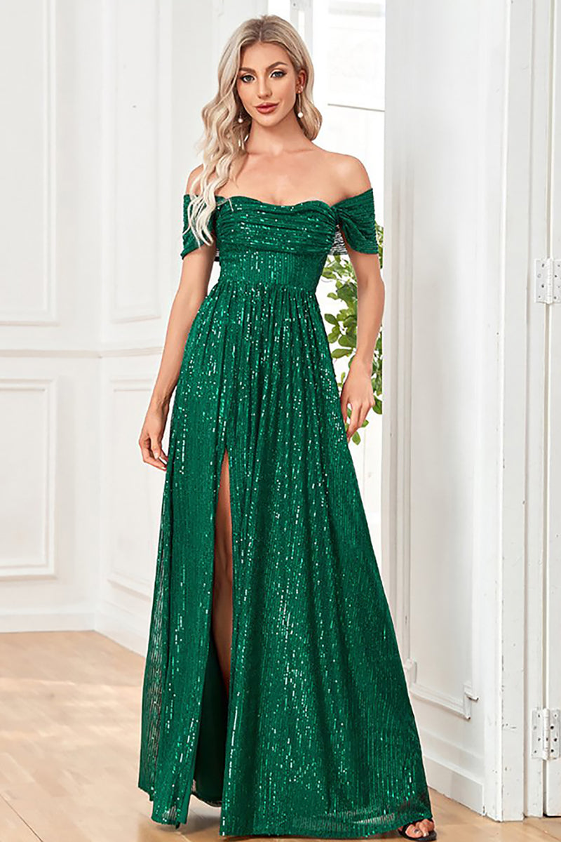Load image into Gallery viewer, Off the Shoulder Sparkly Sequin Green Long Formal Dress With Slit