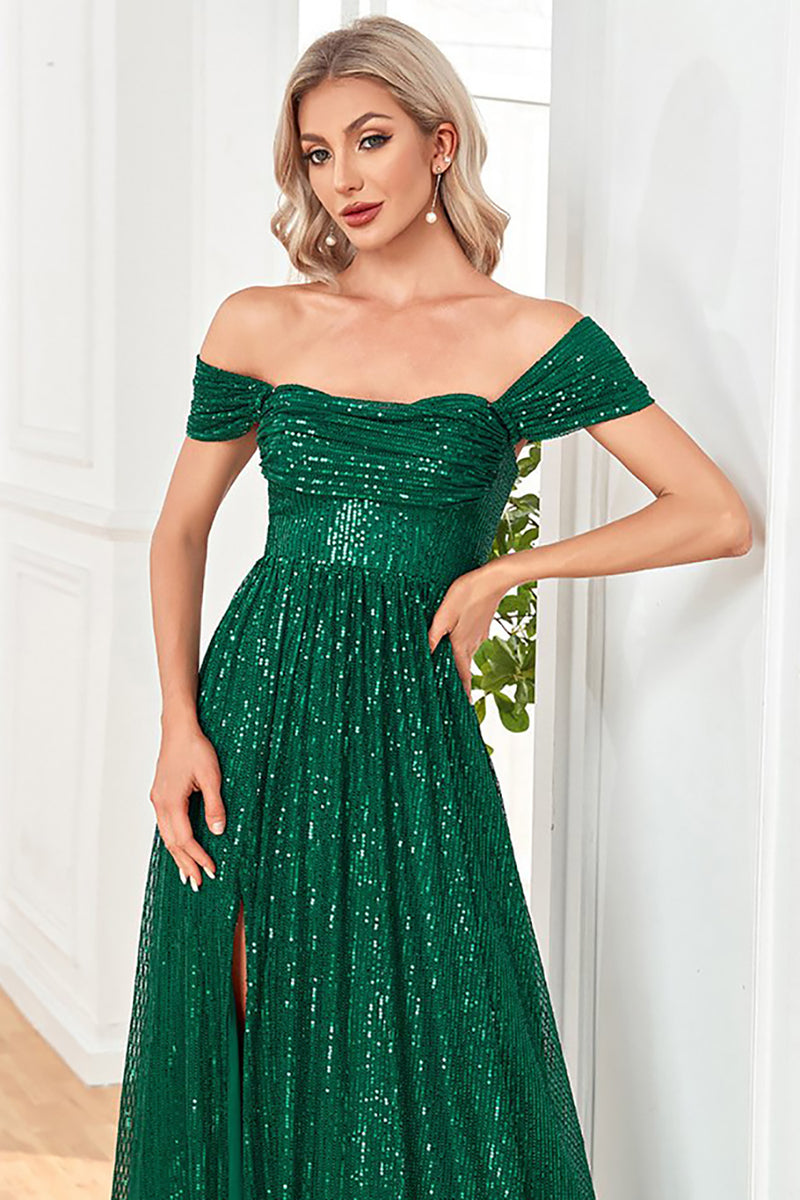 Load image into Gallery viewer, Off the Shoulder Sparkly Sequin Green Long Formal Dress With Slit