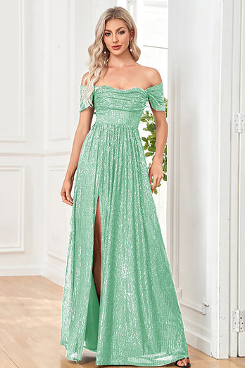 Off the Shoulder Sparkly Sequin Green Long Formal Dress With Slit