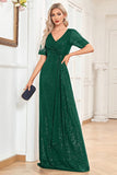 Navy A-Line Short Sleeves V-Neck Long Formal Dress