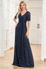Load image into Gallery viewer, Navy A-Line Short Sleeves V-Neck Long Formal Dress