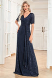 Navy A-Line Short Sleeves V-Neck Long Formal Dress