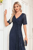 Navy A-Line Short Sleeves V-Neck Long Formal Dress