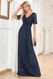 Navy A-Line Short Sleeves V-Neck Long Formal Dress