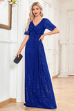 Navy A-Line Short Sleeves V-Neck Long Formal Dress