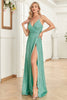 Load image into Gallery viewer, Light Green Sparkly Sequin Spaghetti Straps Long Formal Dress With Slit