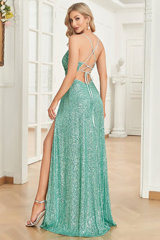 Light Green Sparkly Sequin Spaghetti Straps Long Formal Dress With Slit