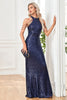 Load image into Gallery viewer, Halter Mermaid Navy Sparkly Sequin Long Formal Dress