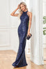 Load image into Gallery viewer, Halter Mermaid Navy Sparkly Sequin Long Formal Dress