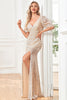 Load image into Gallery viewer, Champagne Sparkly Sequin Deep V-Neck Short Sleeves Long Formal Dress