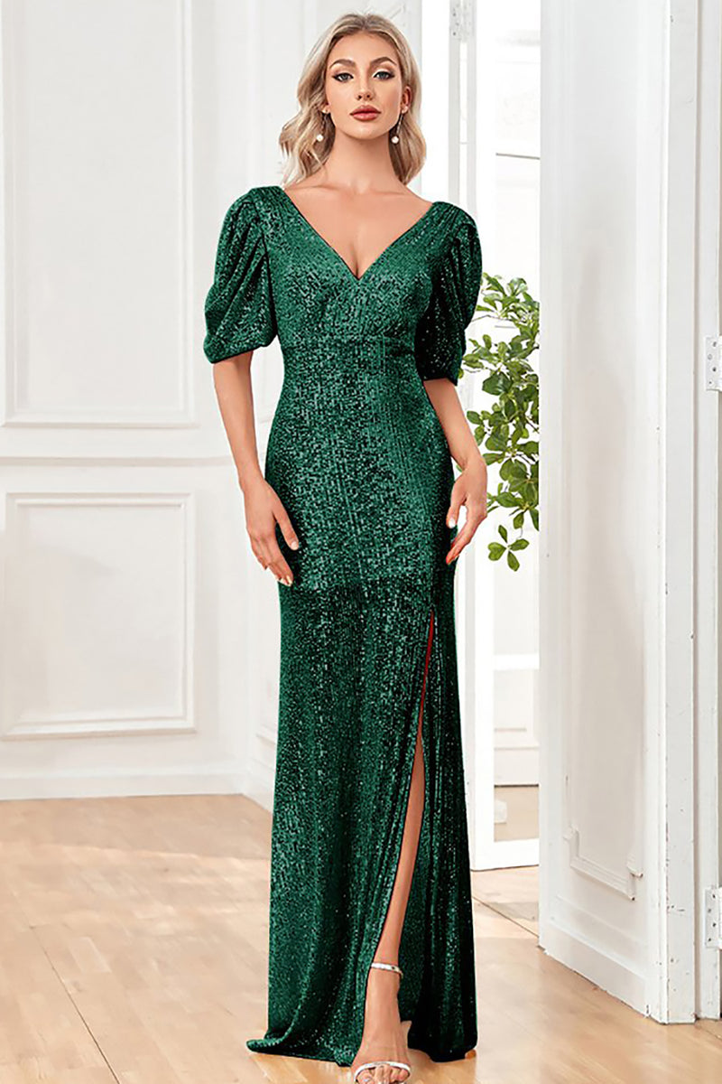 Load image into Gallery viewer, Champagne Sparkly Sequin Deep V-Neck Short Sleeves Long Formal Dress